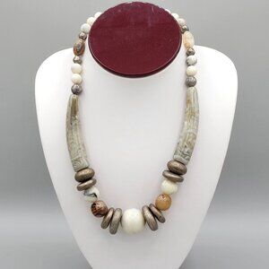 Beaded Boho Statement Necklace Silver Tone Disks Imitation Horn Accents 18"